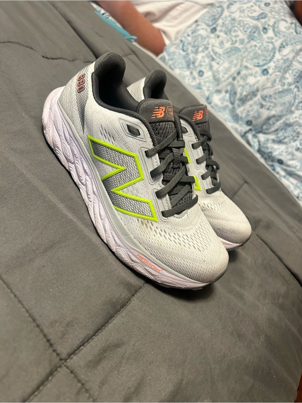 New Balance White and Lime Green Athletic Sneakers